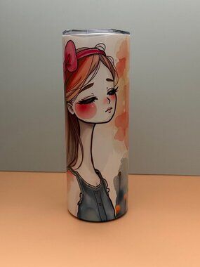 Cute Watercolor Girl 20oz Skinny Tumbler Stainless Steel Travel Mug with Lid